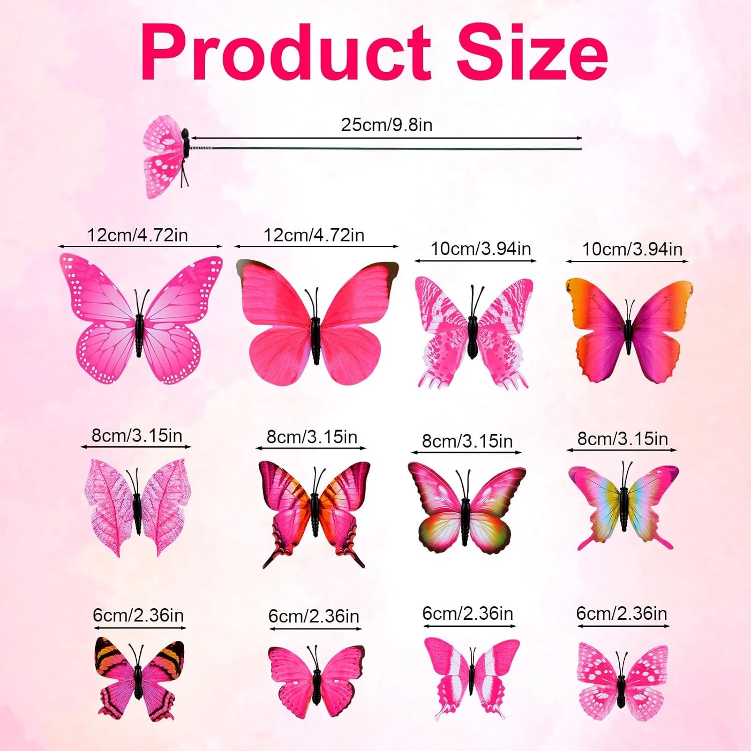 Penitue 12pcs Butterfly Plant Stakes PVC Garden Decor Pink Flower Pots