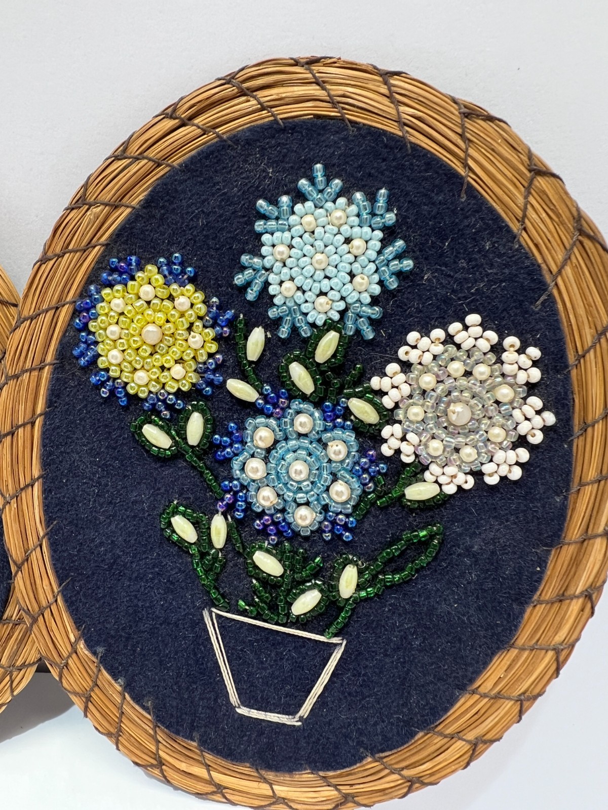 VTG Handcrafted Embroidery Beaded Art Floral Bouquet Blue Felt Sweet Grass Frame