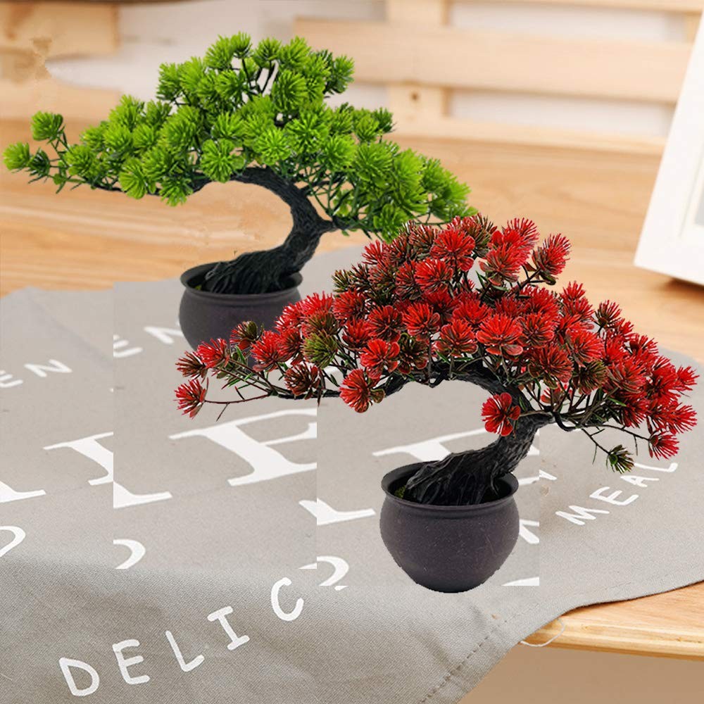 Fycooler Artificial Plants Bonsai Juniper Tree Potted 10in, Red