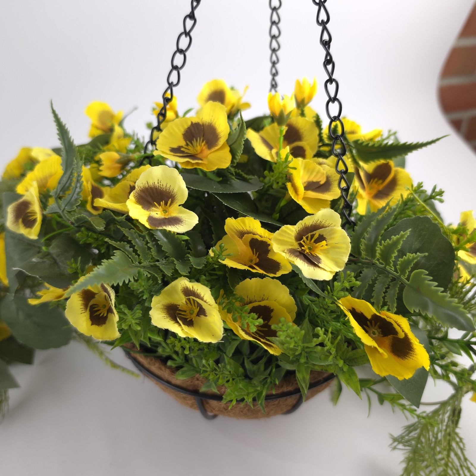 Garden Reflections Cascading Faux Pansy & Fern Hanging Basket Yellow