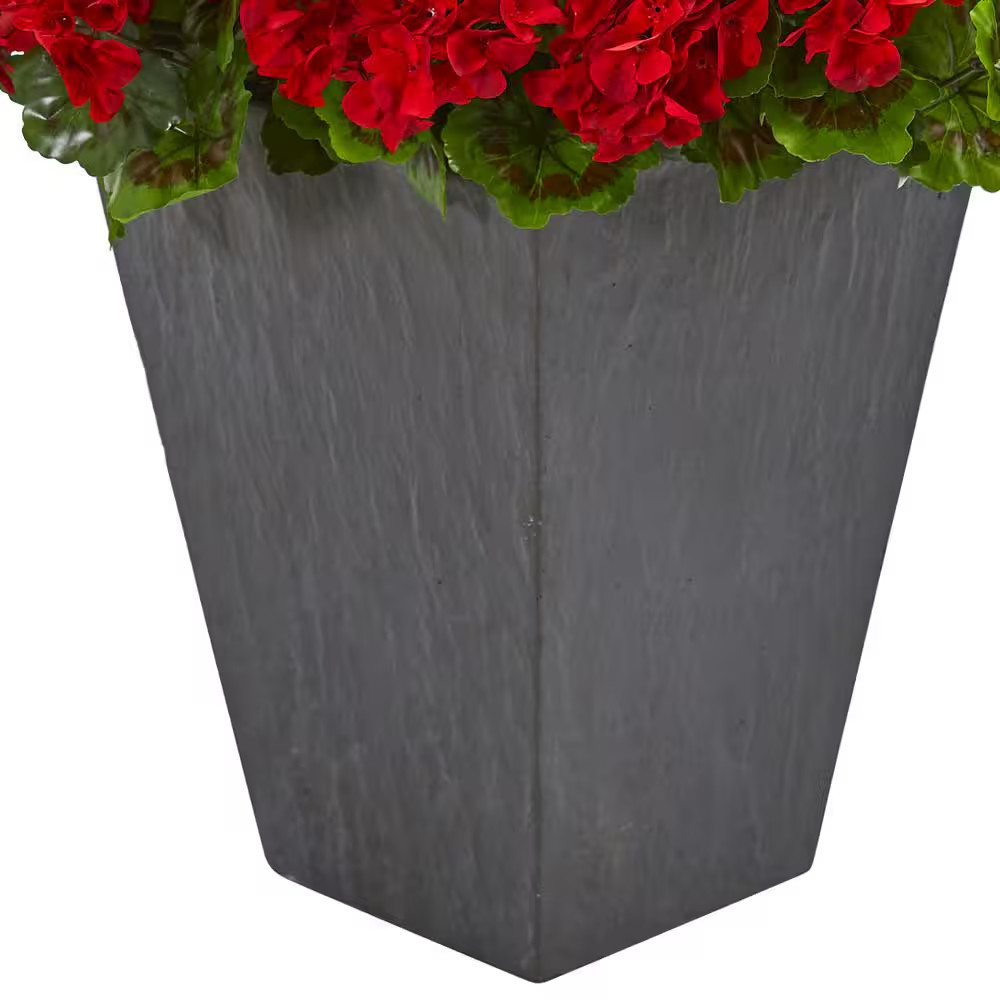 Indoor/Outdoor UV Resistant Red Geranium Artificial Plant in Slate Plater