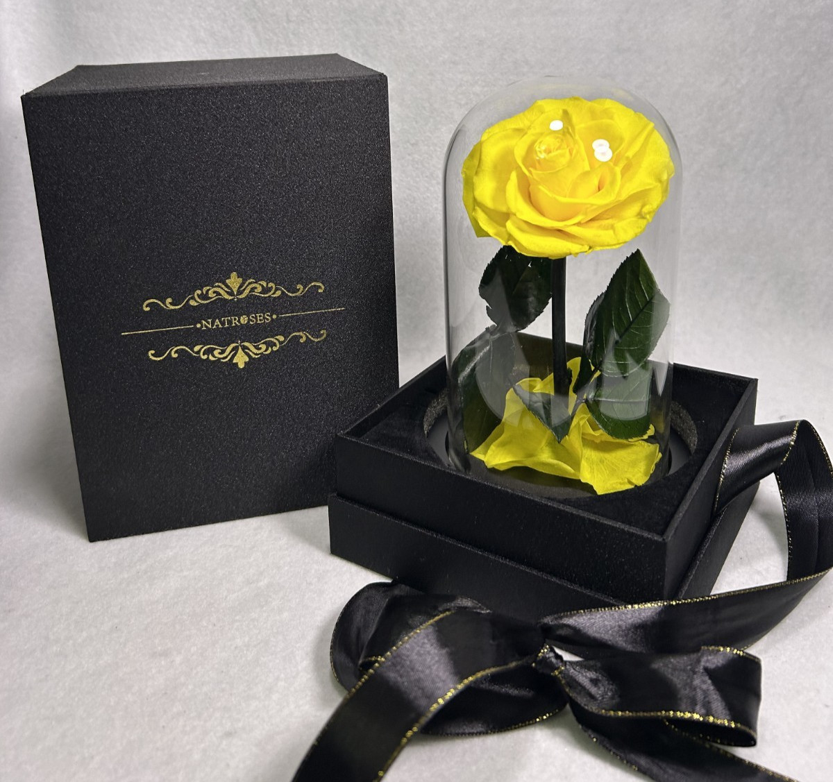 NATROSES Yellow Natural Preserved Rose in Glass Dome & Black Gift Box 7.5″H x 4″