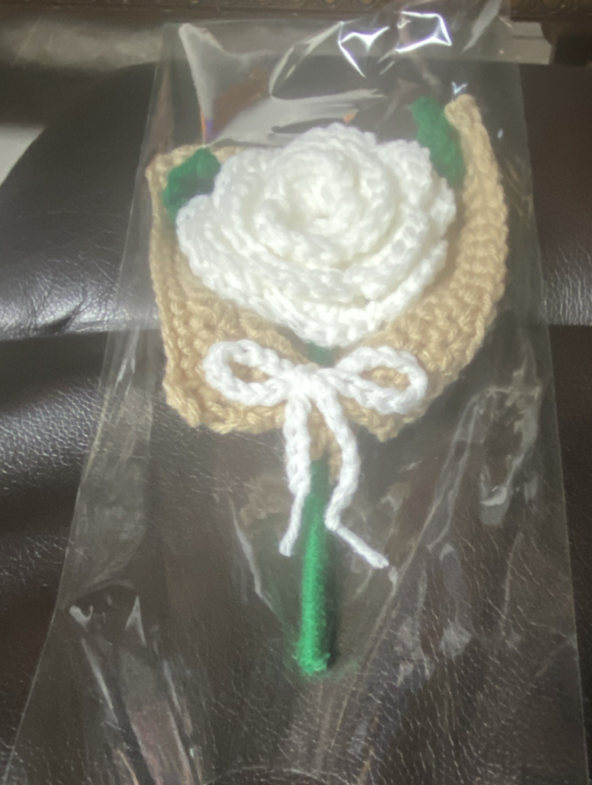 Handmade Crochet Yarn White Rose Flower Stem Wall Decor, Floral, Green Beige