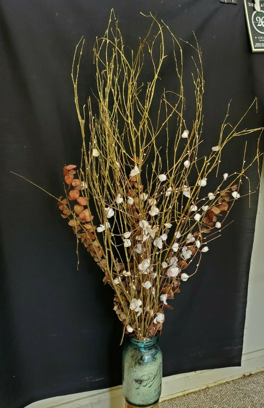 White & Pink Blossoms, Red Eucalyptus & Gold Painted Branches in a Mason Jar