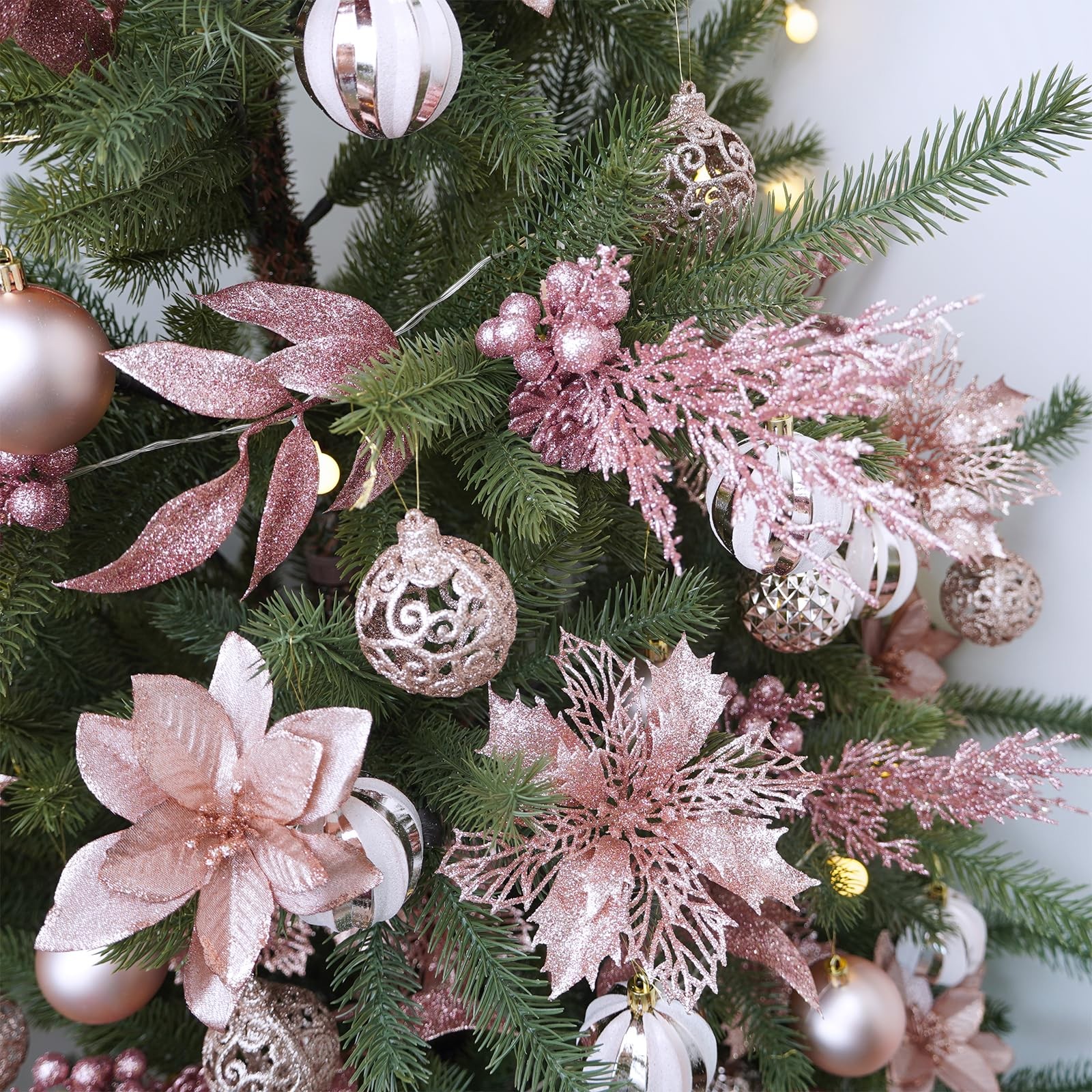Christmas Artificial Poinsettia Flowers 35 PCS Rose Gold Glitter Floral Picks