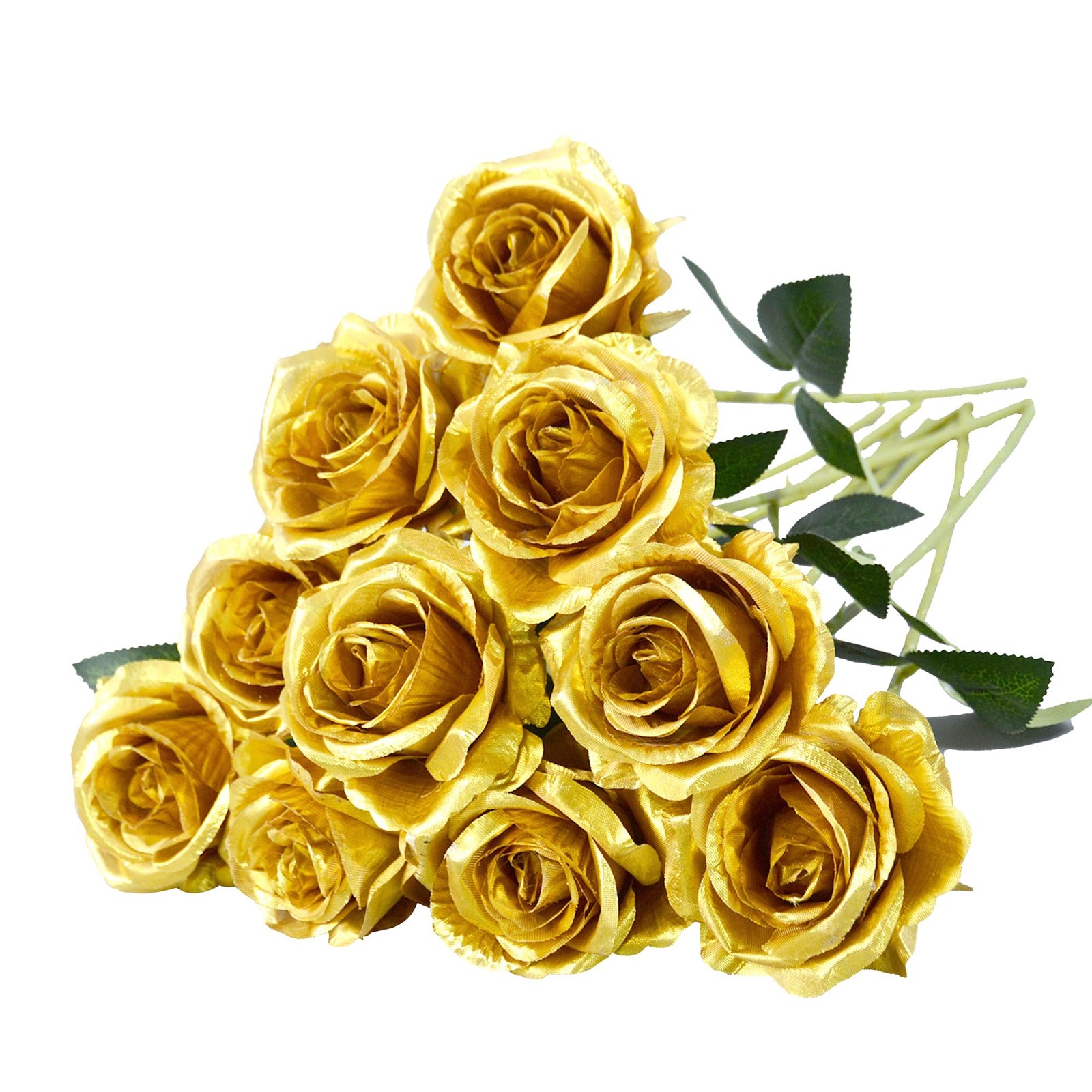 10 Pcs Gold Rose Artificial Flower, Faux Silk Flowers With Long Stems, Fake R…