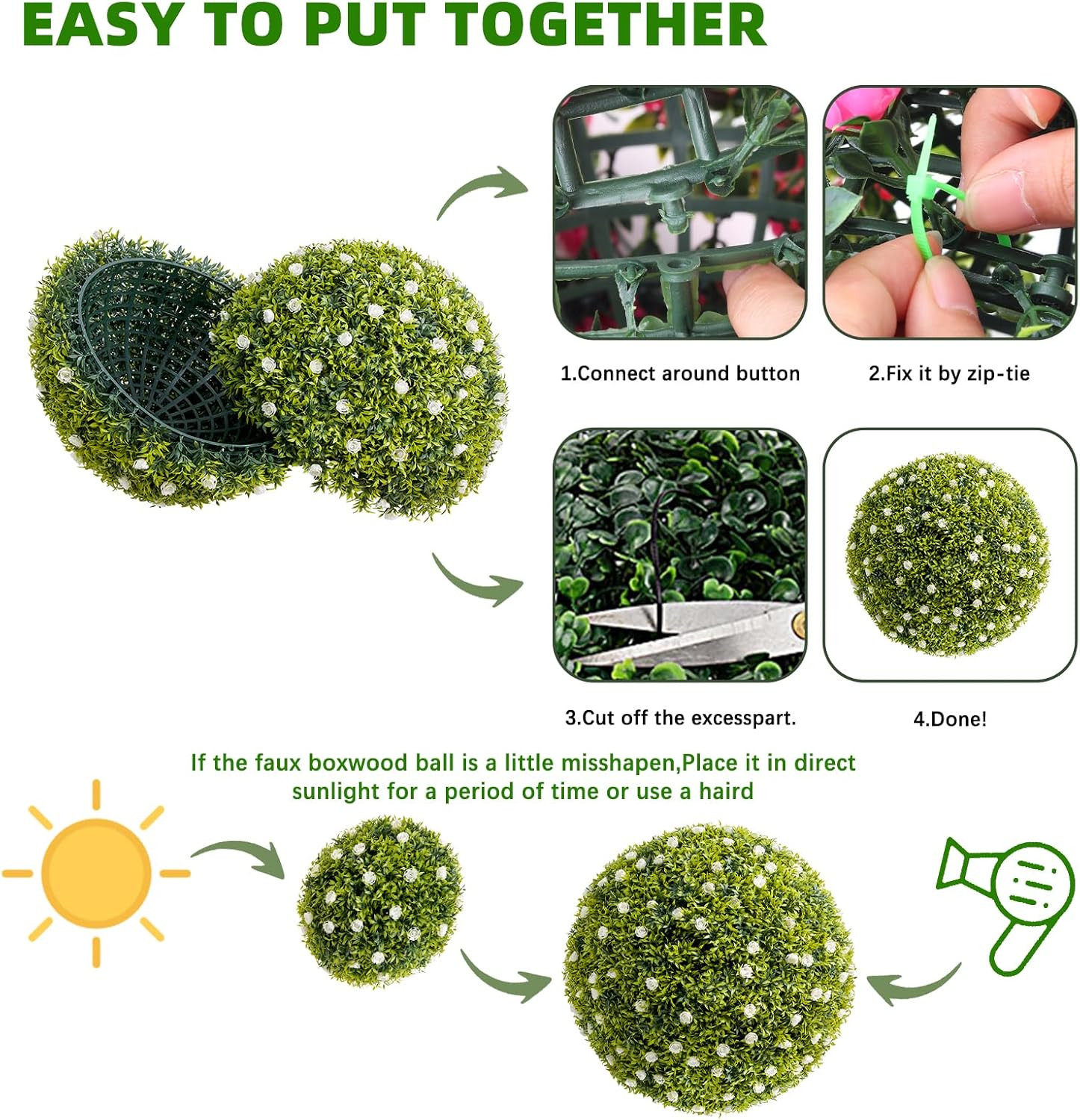 20.5″ Artificial Boxwood Topiary Ball Set of 2 with White Flowers for Home Decor