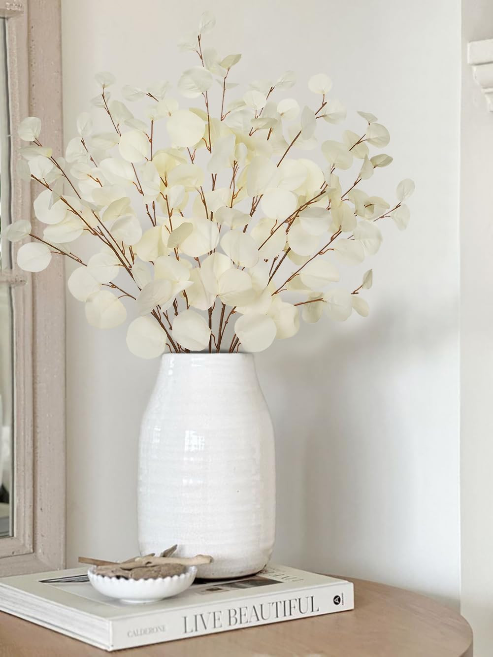 Cream White Eucalyptus Stems Fake Eucalyptu Leaves 34” Long Silver Dollar Lea…