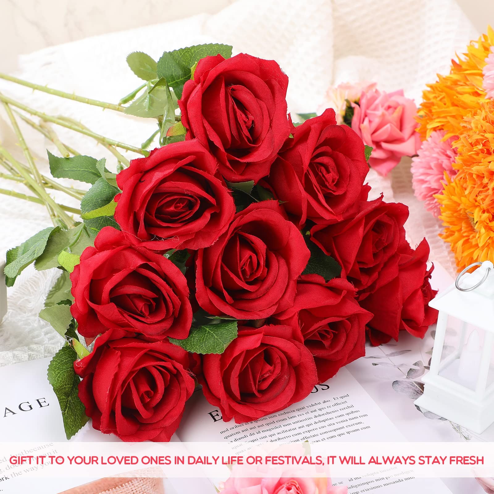 50 Pcs Artificial Rose Flower Bulk Realistic Silk Fake Roses with Long Stem P…