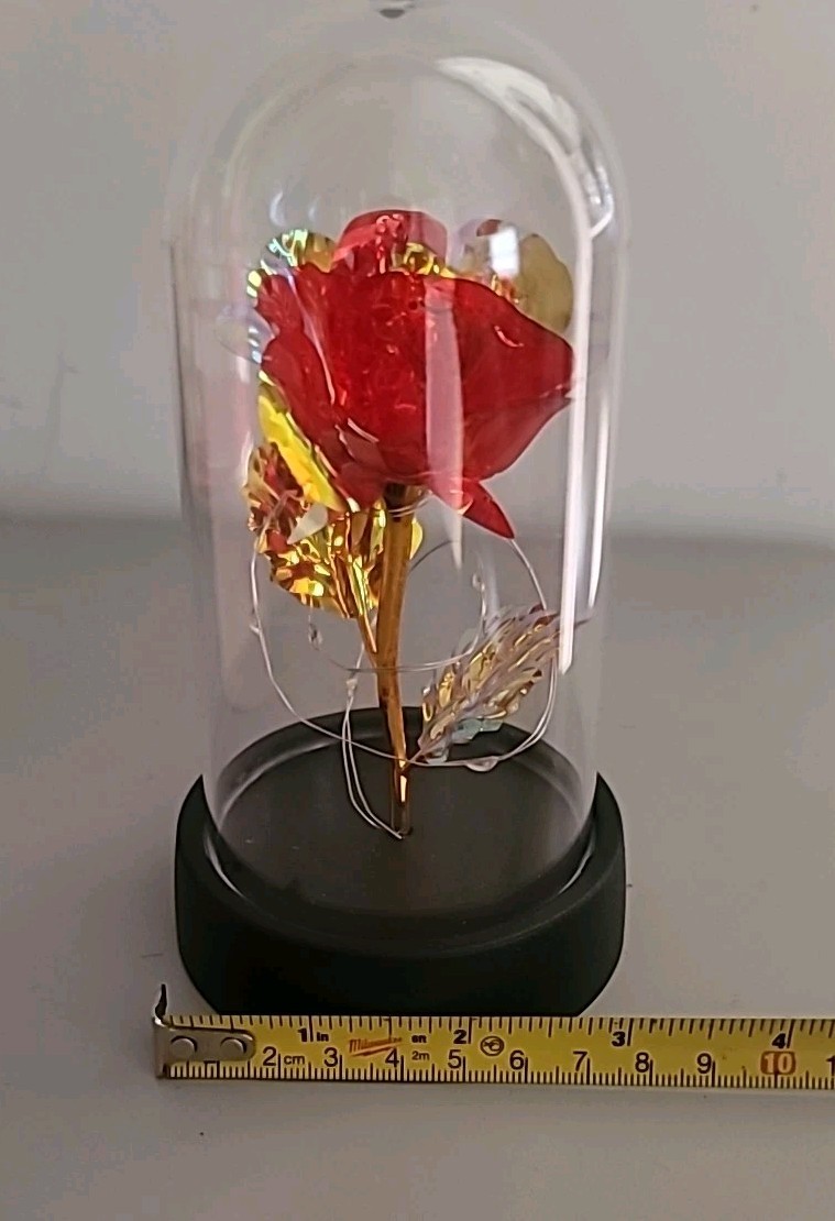 Red & Gold Rose Flower In Dome Glass LED Light Gift, Valentine, Wedding Decor