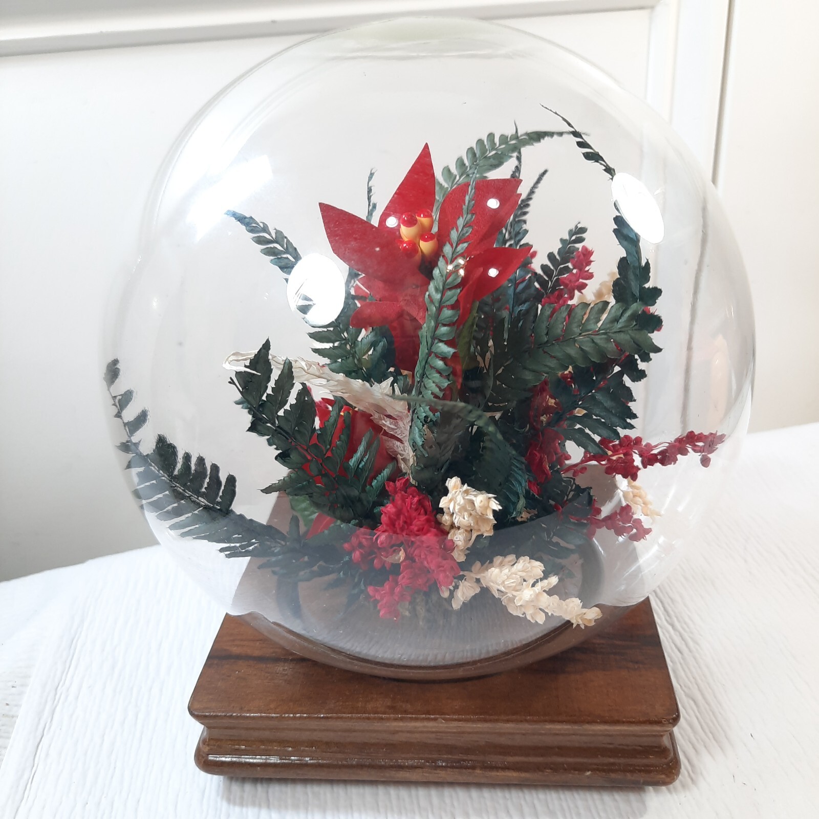 Vintage Floral glass globe terrarium wood base red poinsettia flower centerpiece