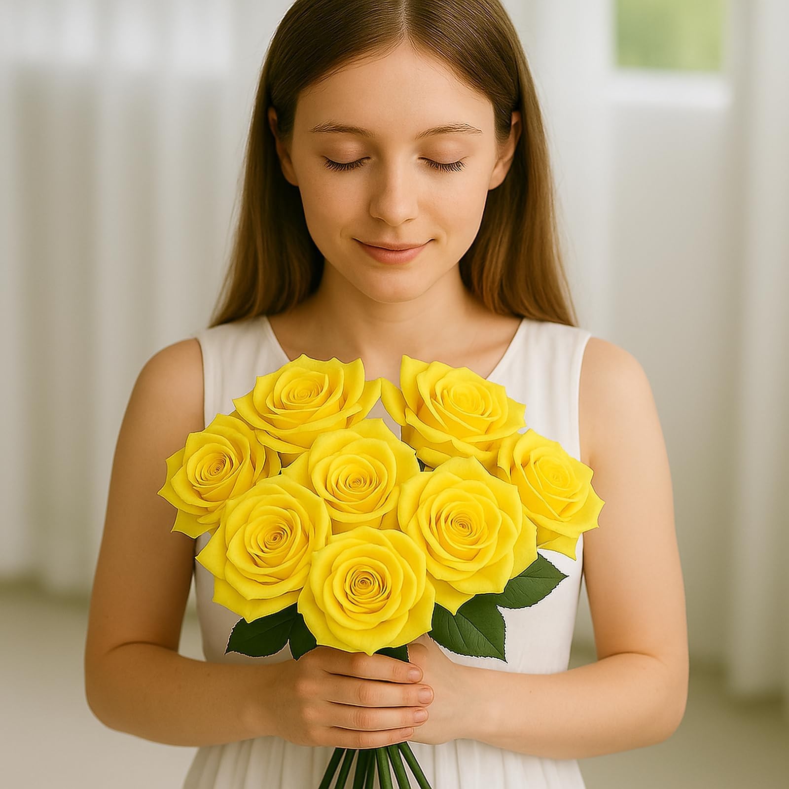 Yellow Roses Artificial Flowers 15 PCS, Fake Roses Silk Flowers with Long Ste…