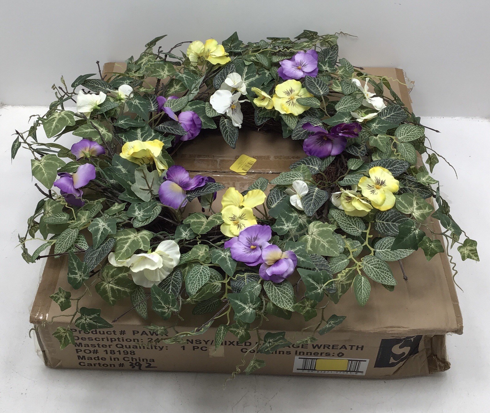 Sullivans 24 Inch Artificial Pansy Greens Mixed Bush Wreath Purple Open Box