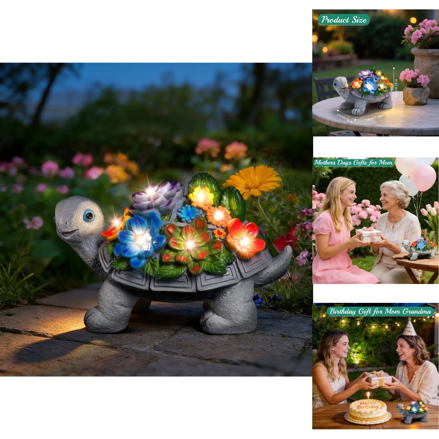 Solar Turtle Garden Statue Outdoor Decor Succulent LED Lights Yard Art Ornament