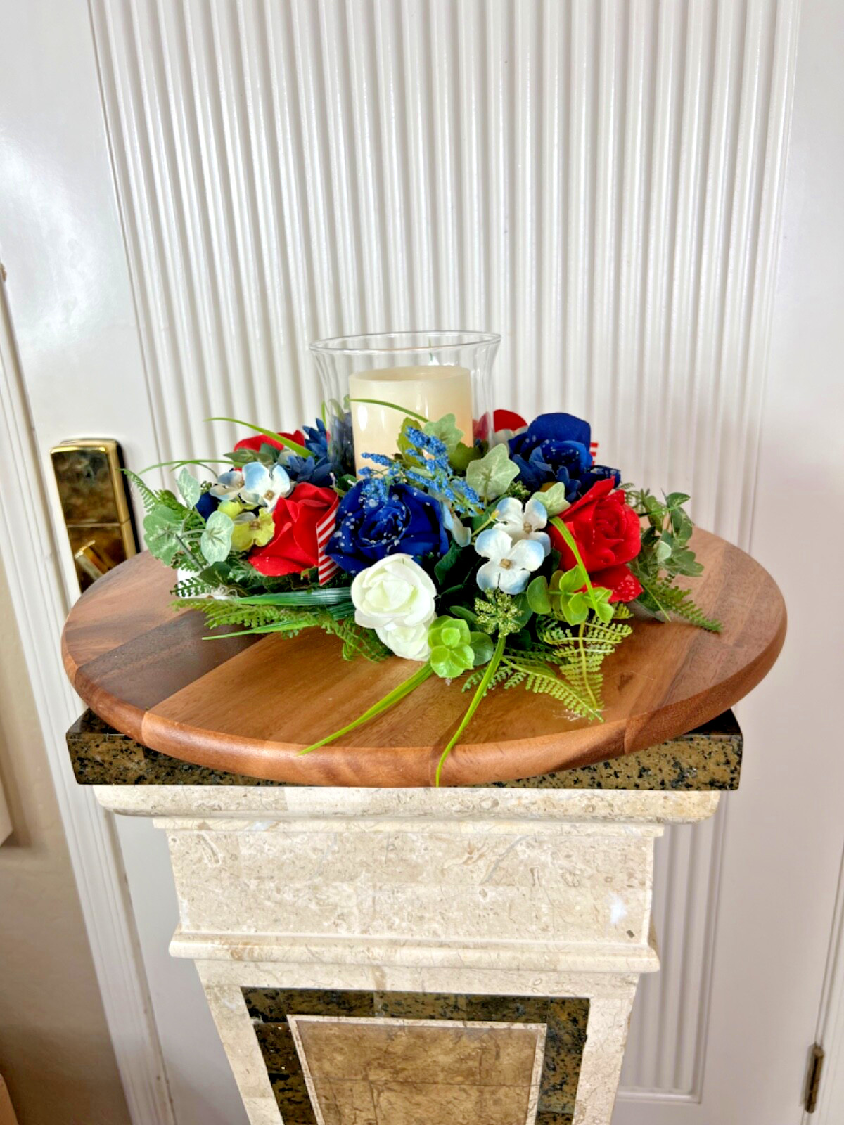 Hand-made New Patriotic Candle Wreath, Red, White, Blue Candle tabletop Decor