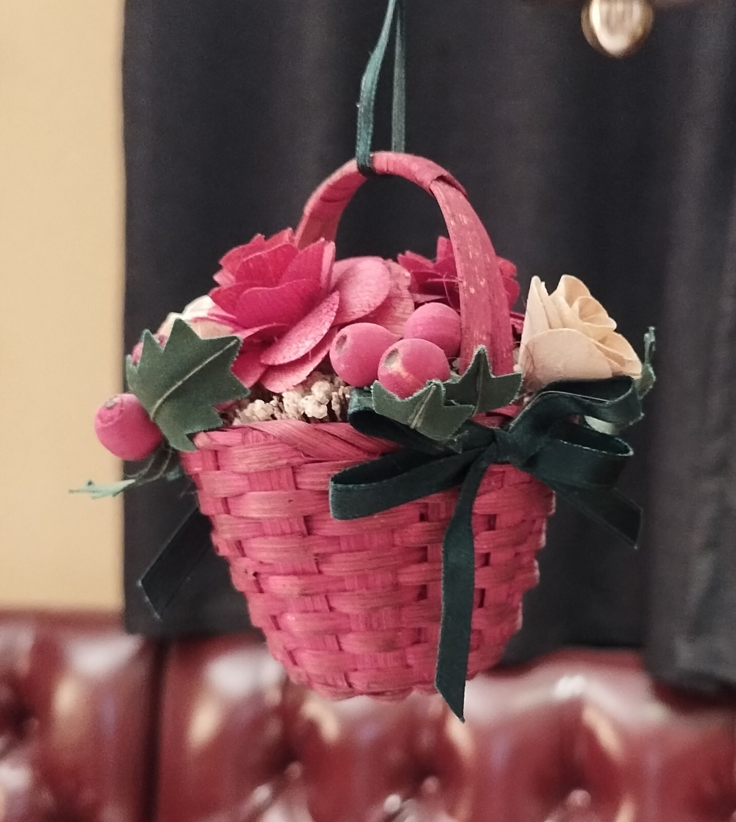 Miniature Sola Wood Roses and Berries Basket Hanging Ornament Burgundy Cream