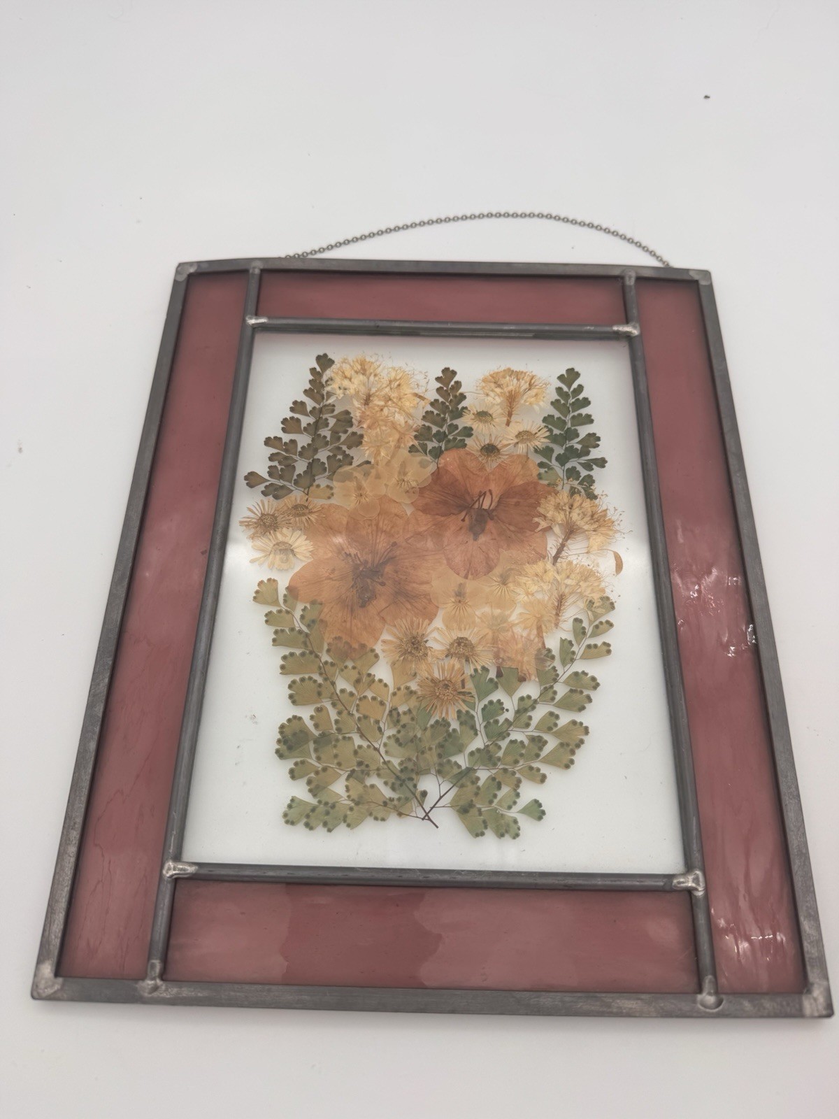 Pressed Dried Flowers Stained Glass Purple Pewter Frame Wall Window Hanging
