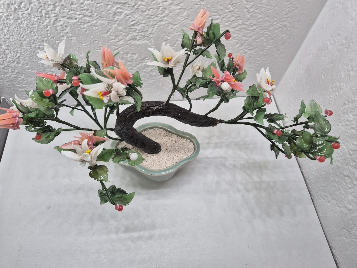 Vintage Chinese Glass Stone Jade Cherry Blossom Bonsai Tree Pink & White Flowers