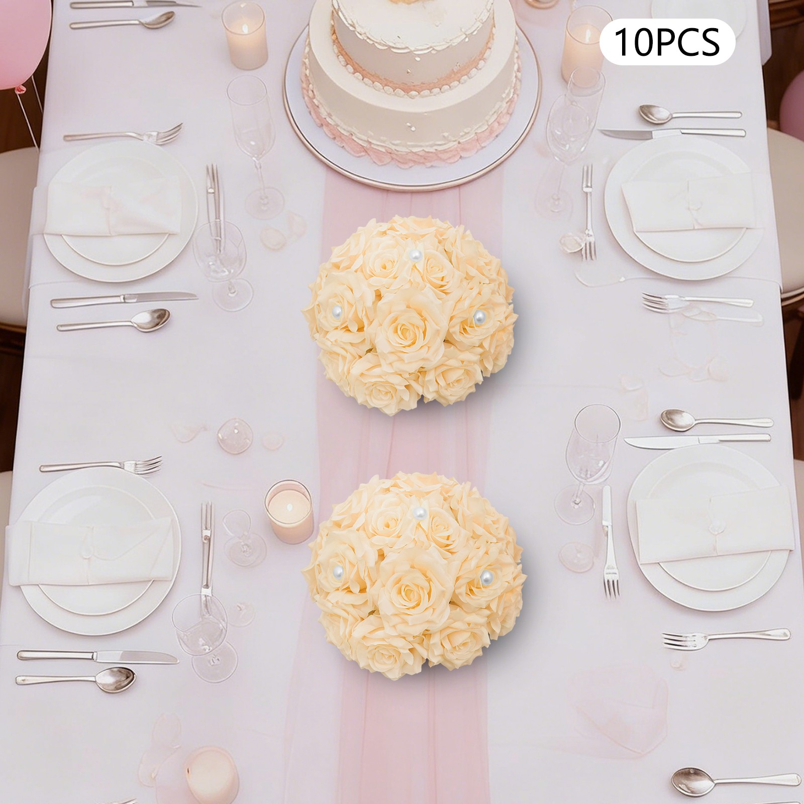 10pcs Artificial Rose Flower Balls With Pearl, Table Flower Centerpieces Decor