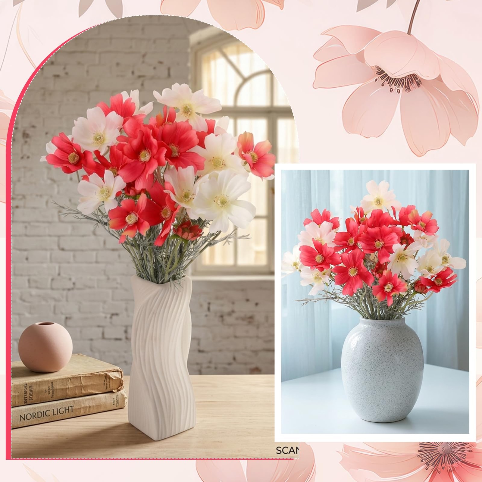 6 Pcs 23.6 Inch Deep Pink White Artificial Flowers Cosmos for Vase,Pink Fake …