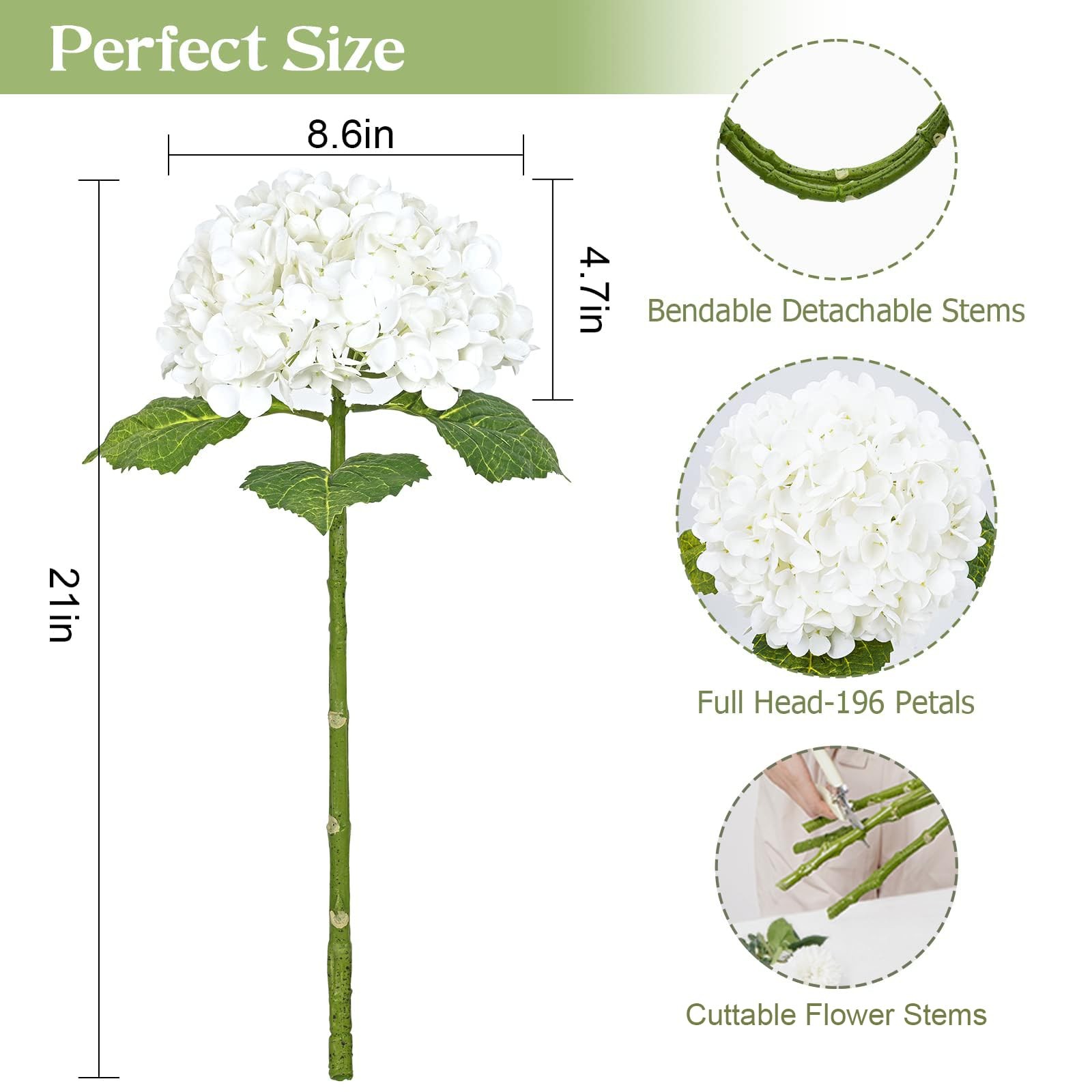 21″ Real Touch White Hydrangea Artificial Flowers with Long Stem & Leaves, Fu…