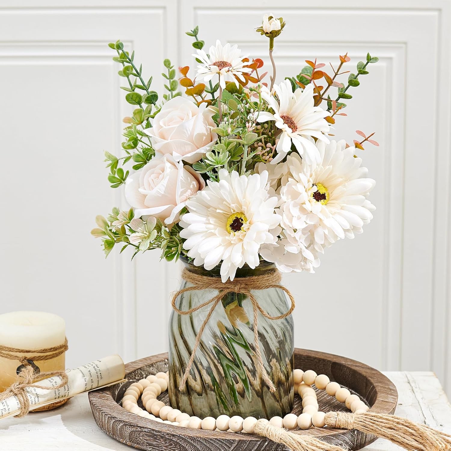 Fake Flowers Artificial Daisy Rose with Vase, Faux Silk Flowers Fake Plant De…