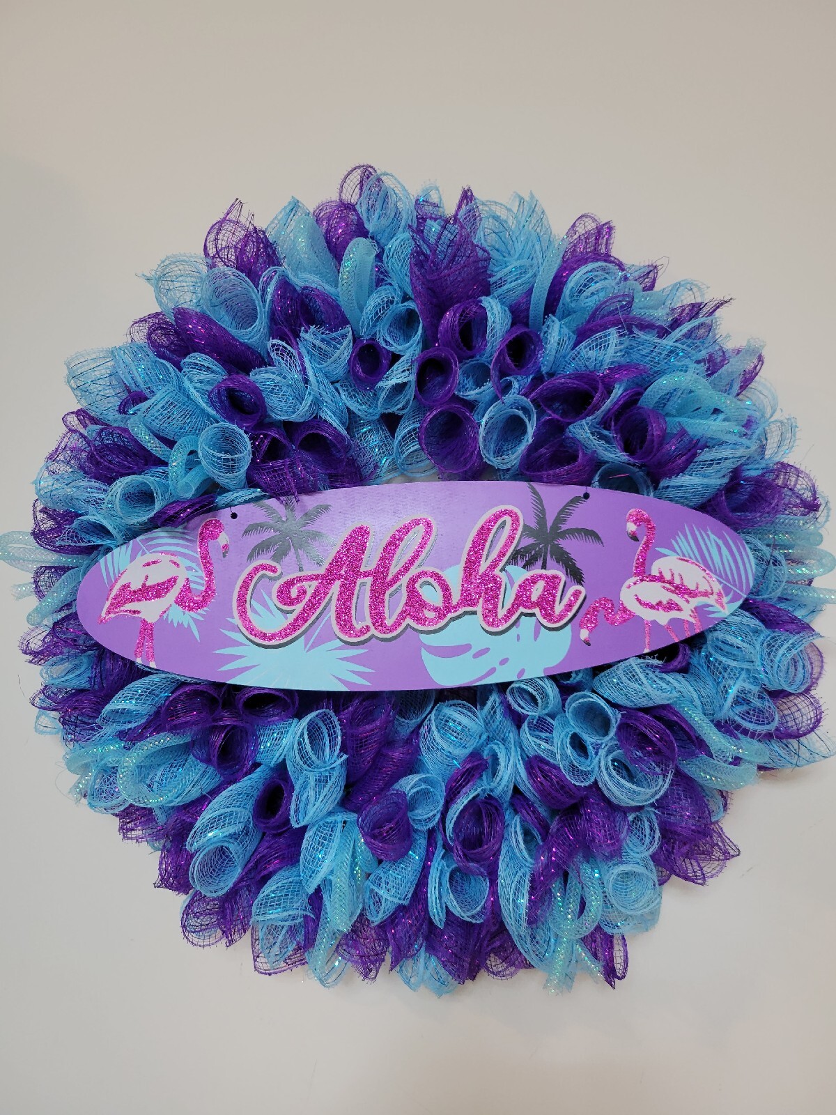 ALOHA Summer Spring Mesh Front Door Wreath Wall Decor BRIGHT Purple Pink Blue