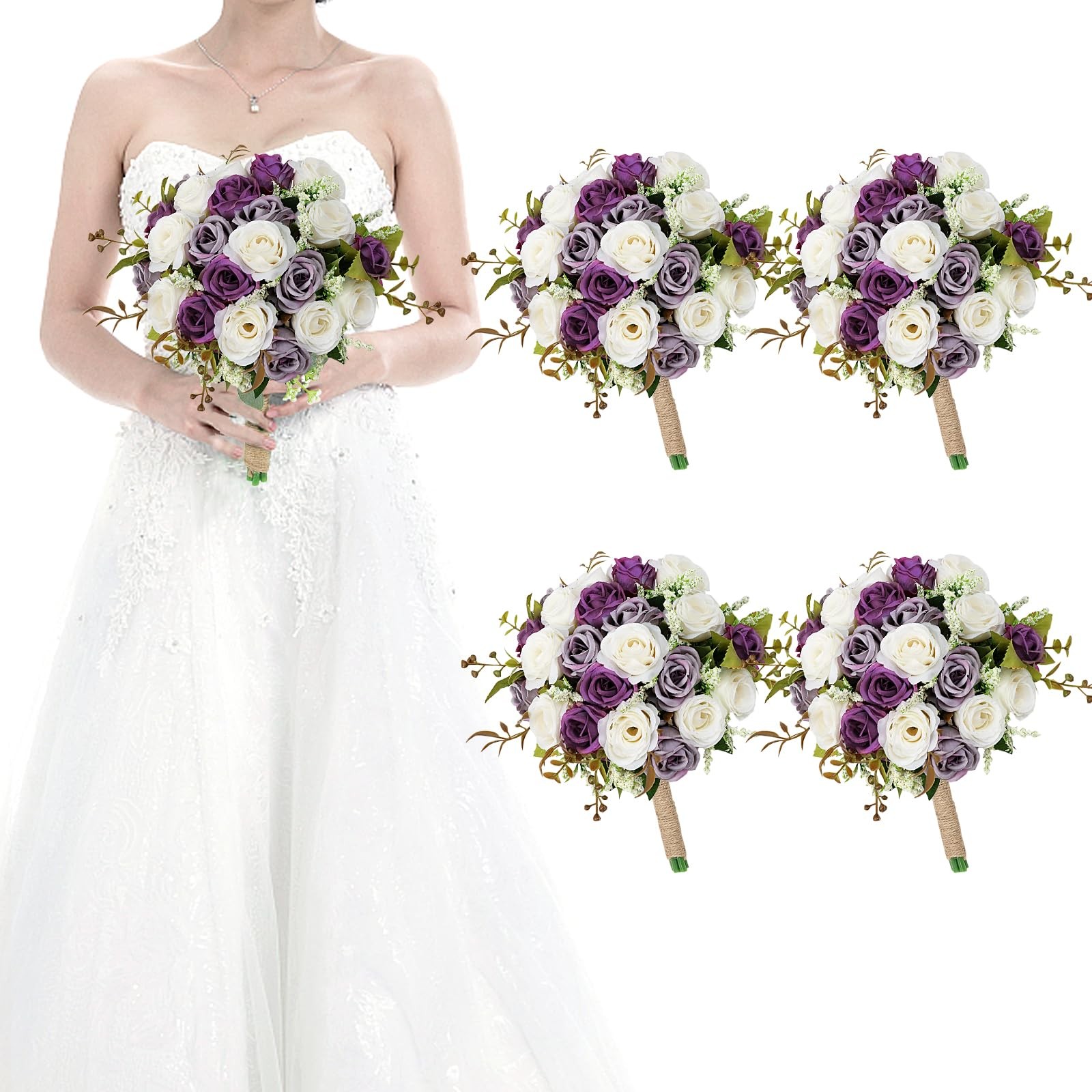 Set of 4 Bridesmaid Bouquets for Wedding – 7 Inch Artificial Ivory Flower Bou…