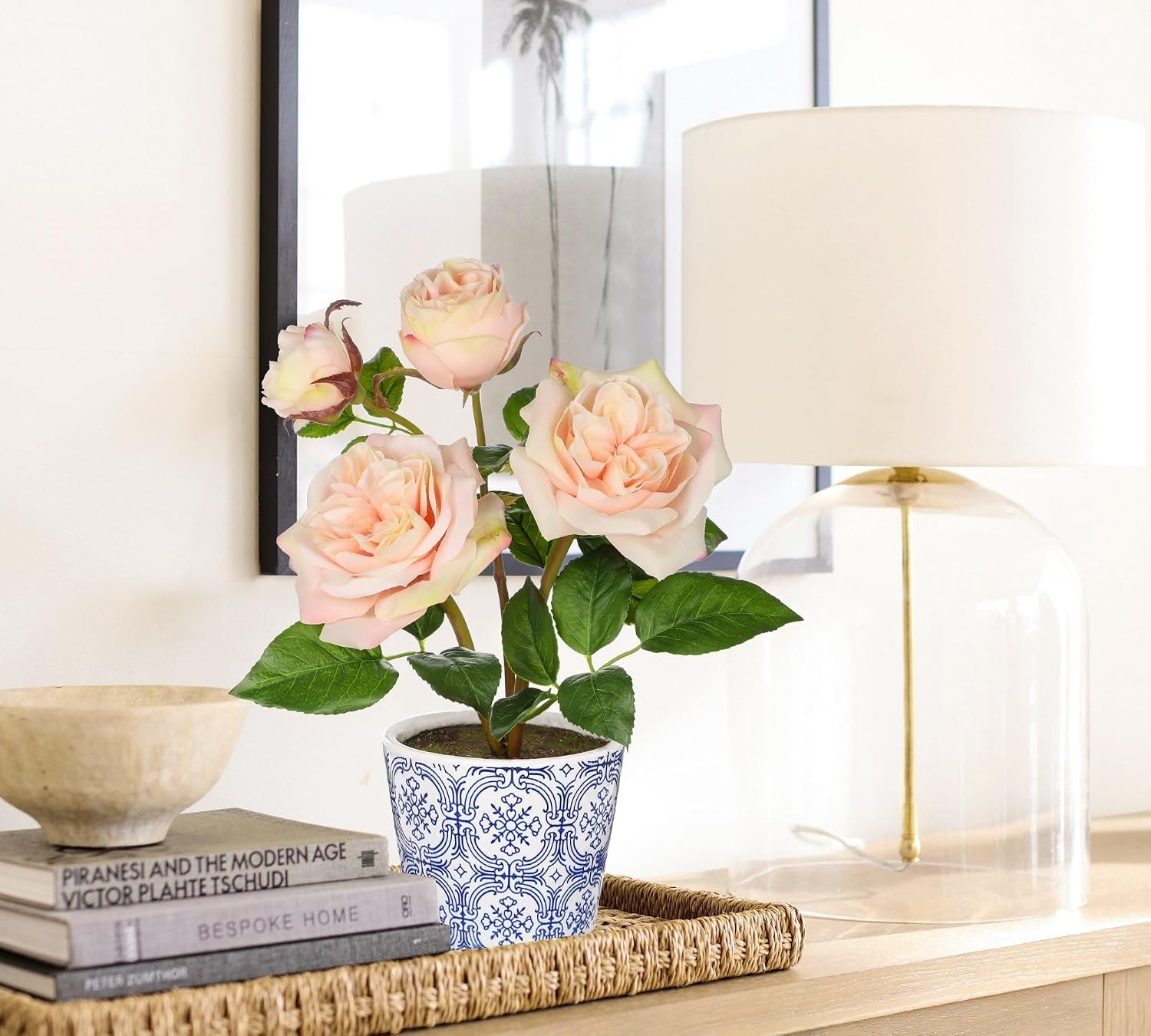 Light Pink Real Touch Roses Artificial Flowers in Vase Blue and White Porcelain