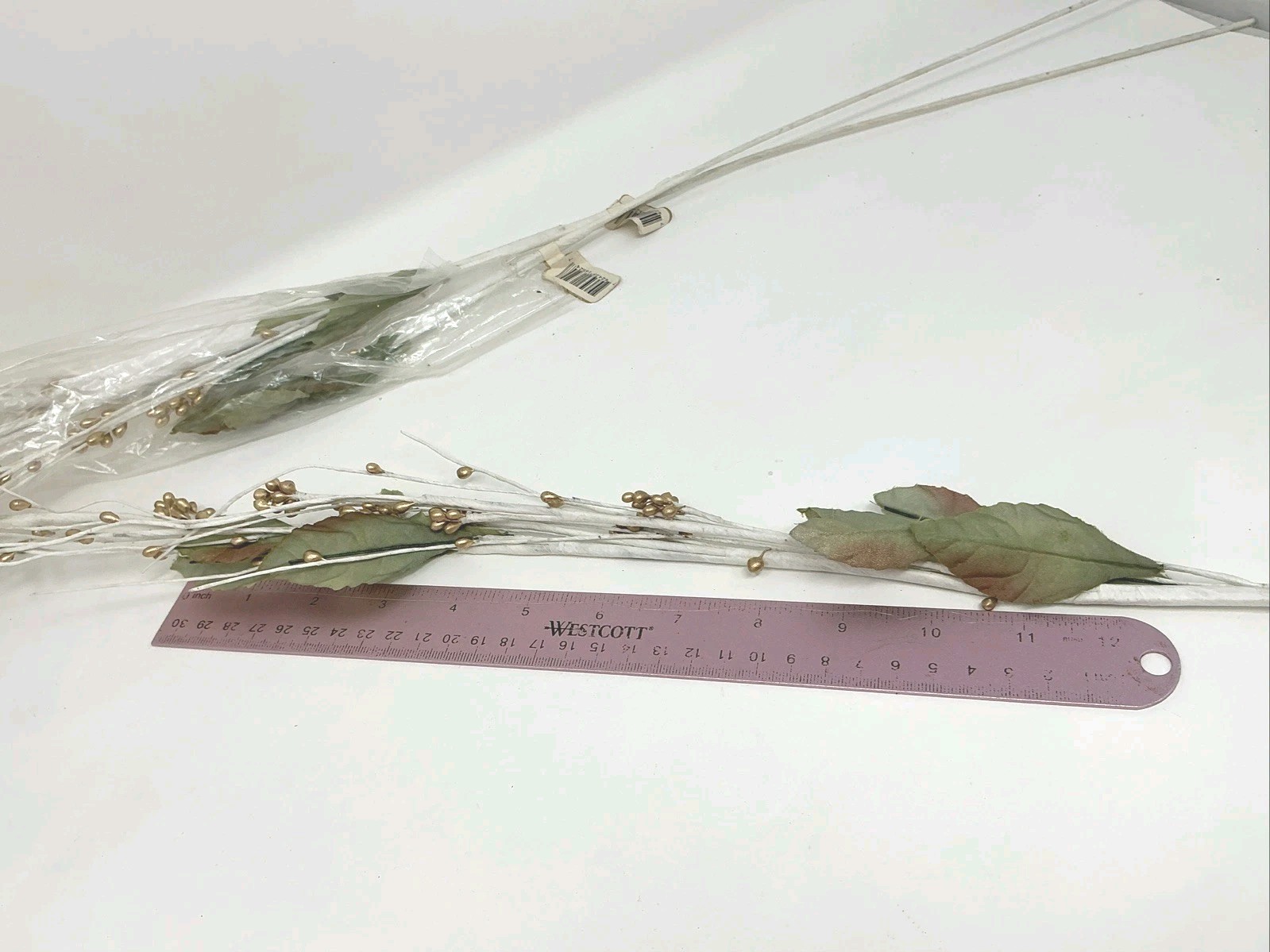 White Twig Branch Gold Berries Green Leaf Floral Pick 46” Long 3 Picks NOS