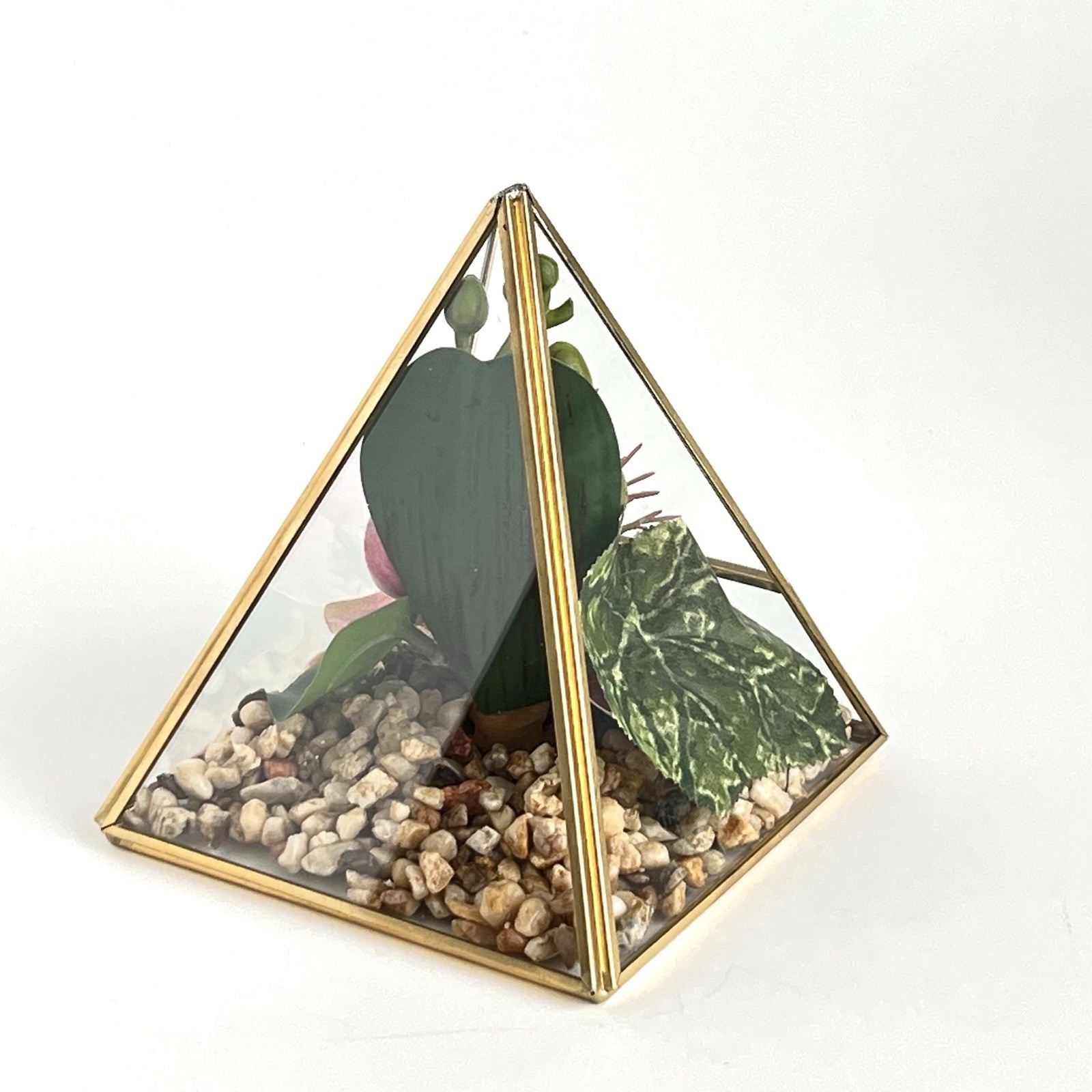 Geometric Pyramid Terrarium Tabletop Planter Artificial Succulents 6” Brass