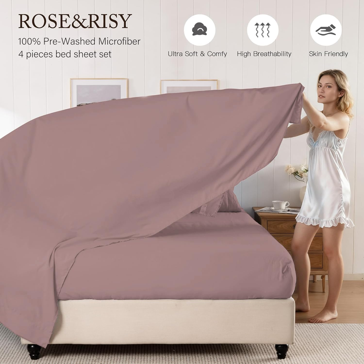 Queen Sheet Set, Pre-Washed Cotton-Like Brushed Microfiber, 4 Pcs Super Soft Bre