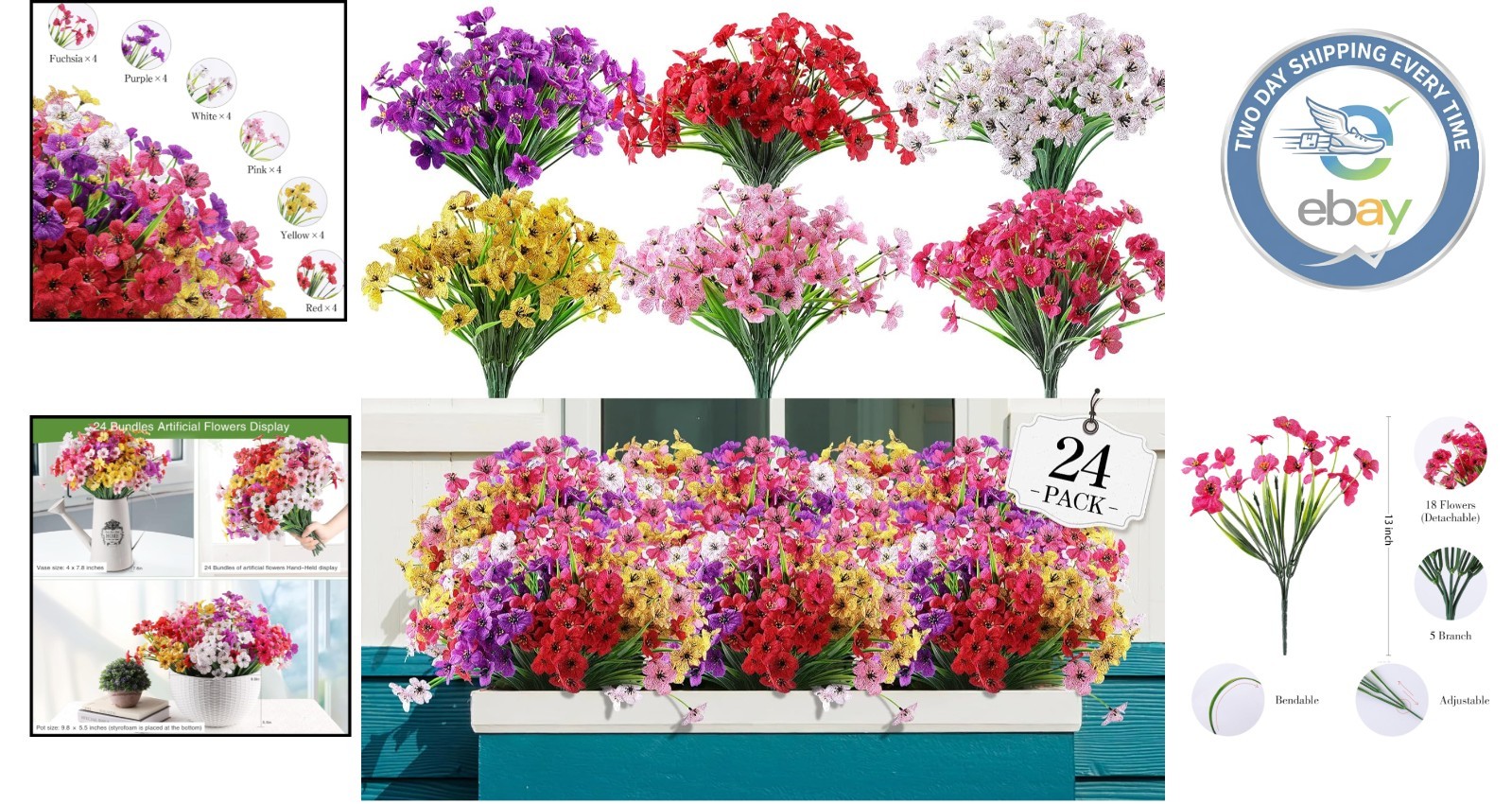 24 Bundles of Realistic No Fade Artificial Flowers for Indoor & Outdoor Elegance