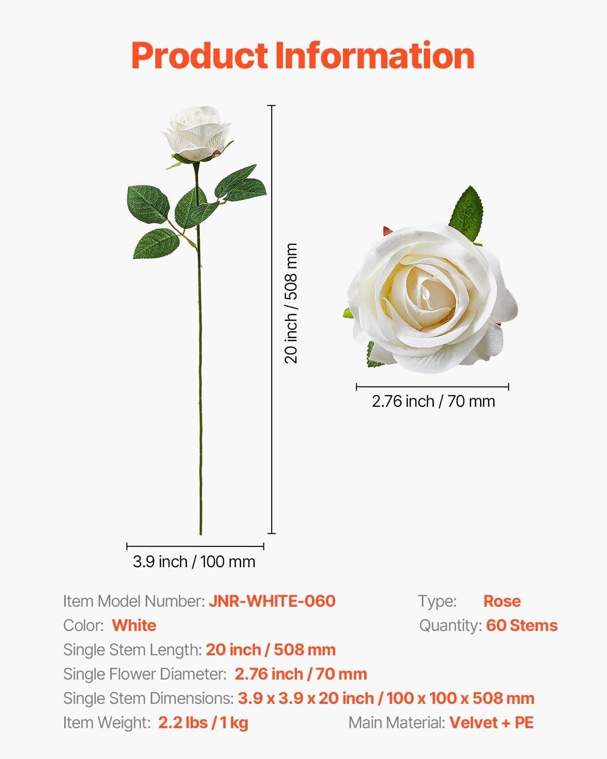 60 Pcs Realistic White Foam Roses for DIY Weddings & Home Decor Arrangements