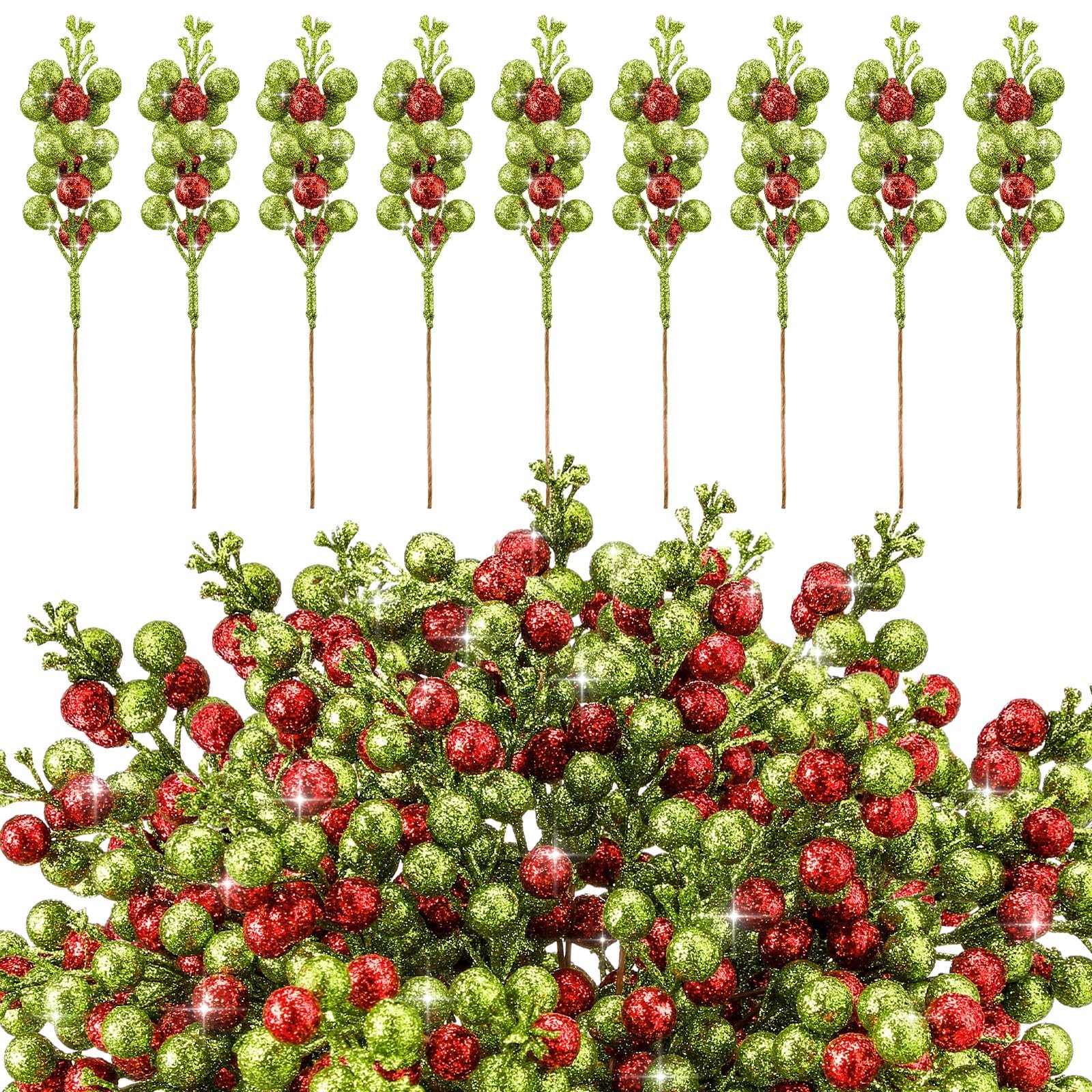 48 Pcs Christmas Glitter Berry Stem 8 Inch Red Green Artificial Holly Berry P…