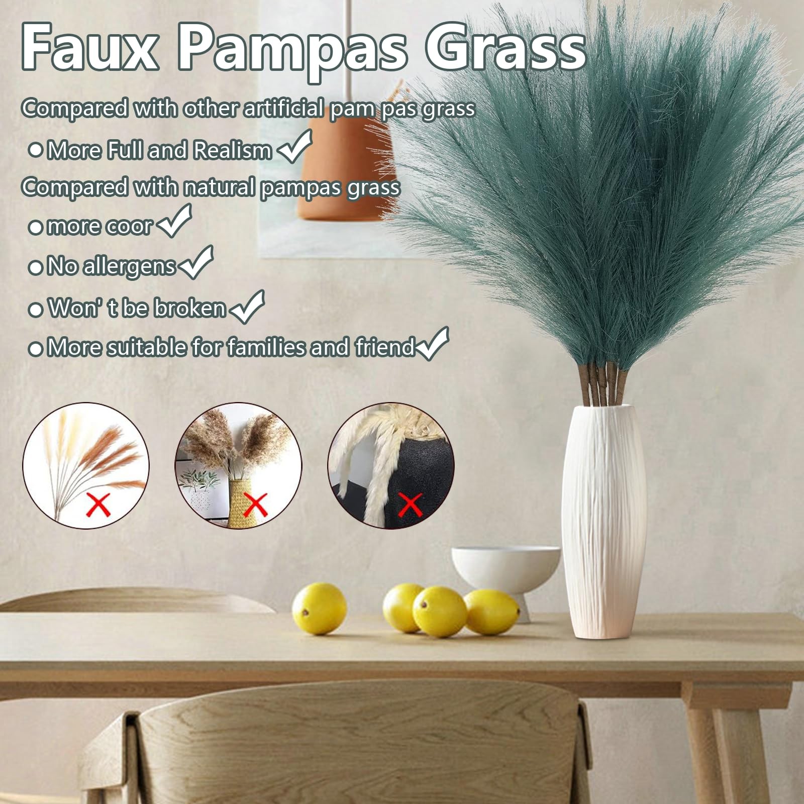 5 PCS 30″ Dark Green Pampas Grass Tall Fluffy, Detachable Faux Bulrush Reed G…