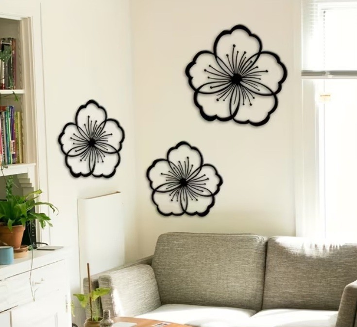 Set of 3 Black Metal Flower Wall Decor – Floral Garden Fence Art Indoor Outdoor