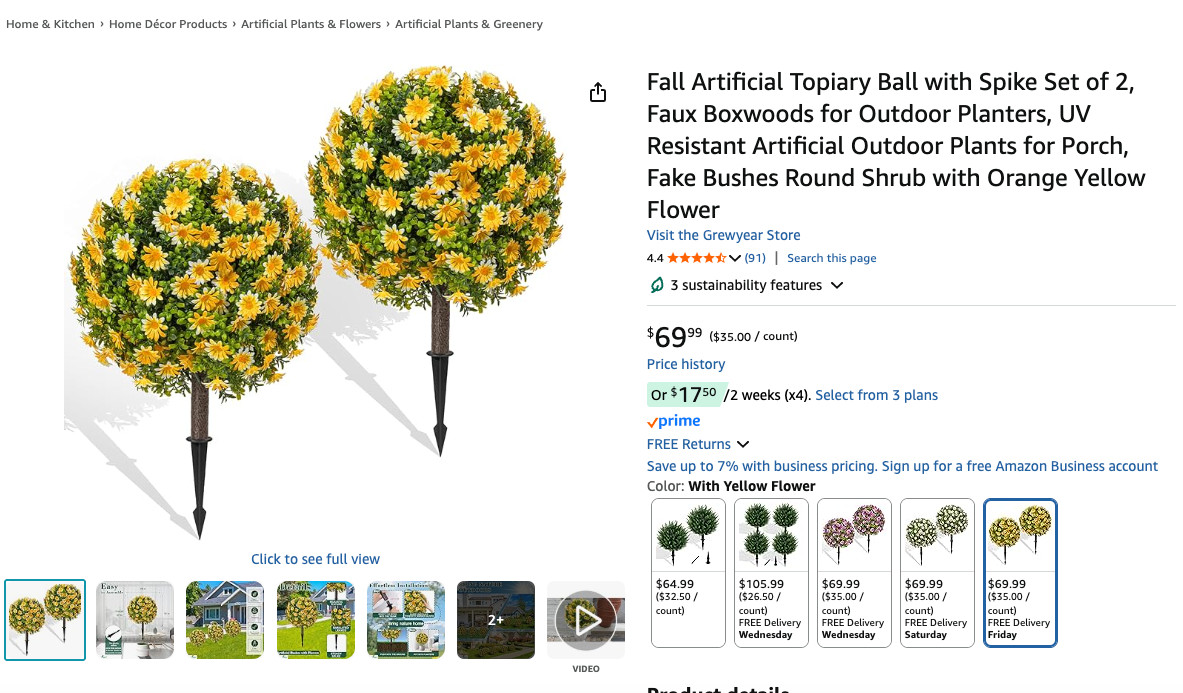 Fall Artificial Topiary Ball with Spike Set of 2, Faux Boxwoods Yellow