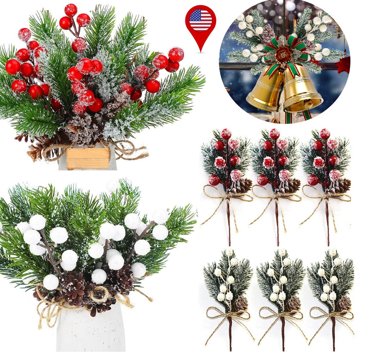 20× Christmas Artificial Pine Branch Cone Berry Holly Flower Pick Home Decor USA