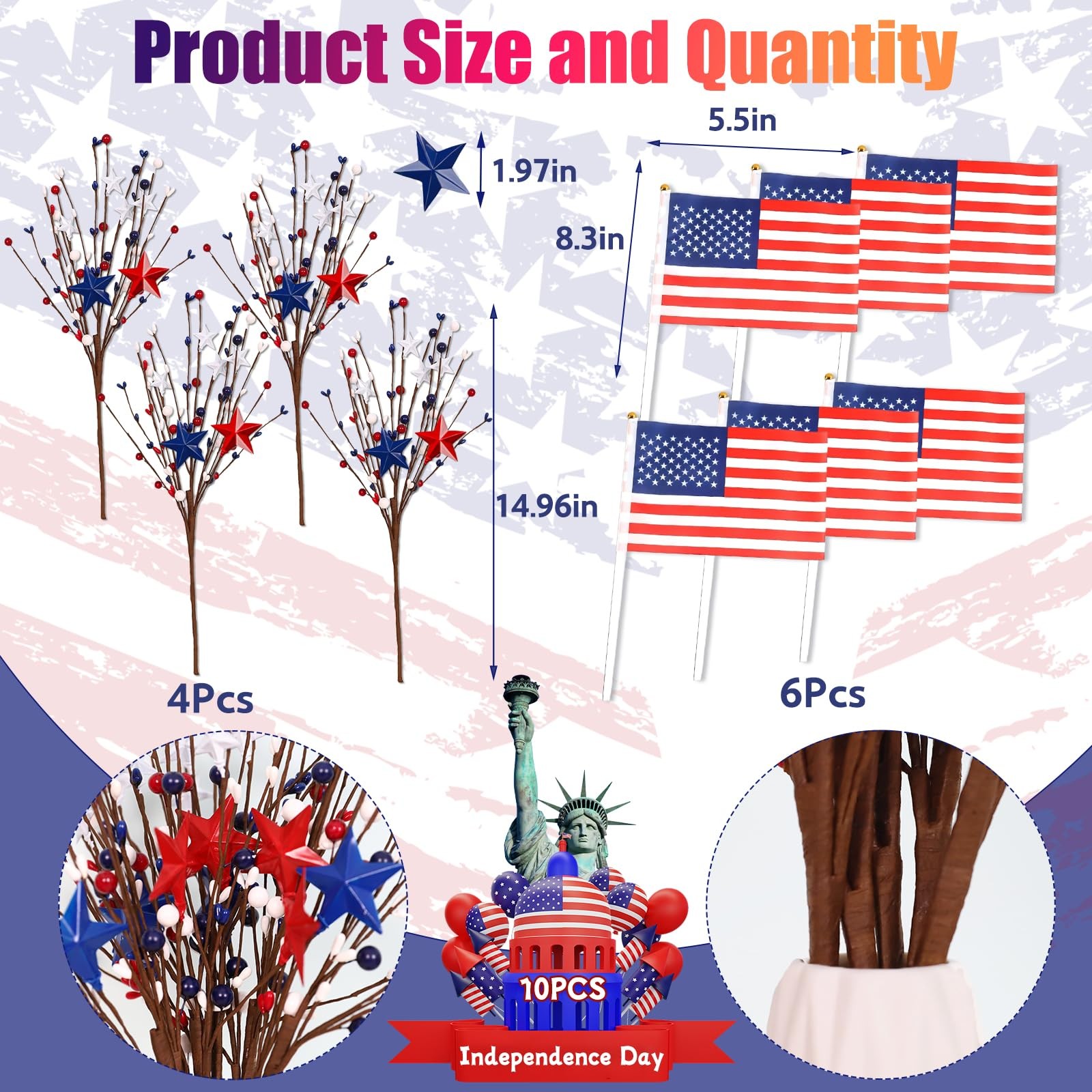 4 Pcs 4th of July Patriotic Artificial Stem Picks Red White Blue Stars and 6 …