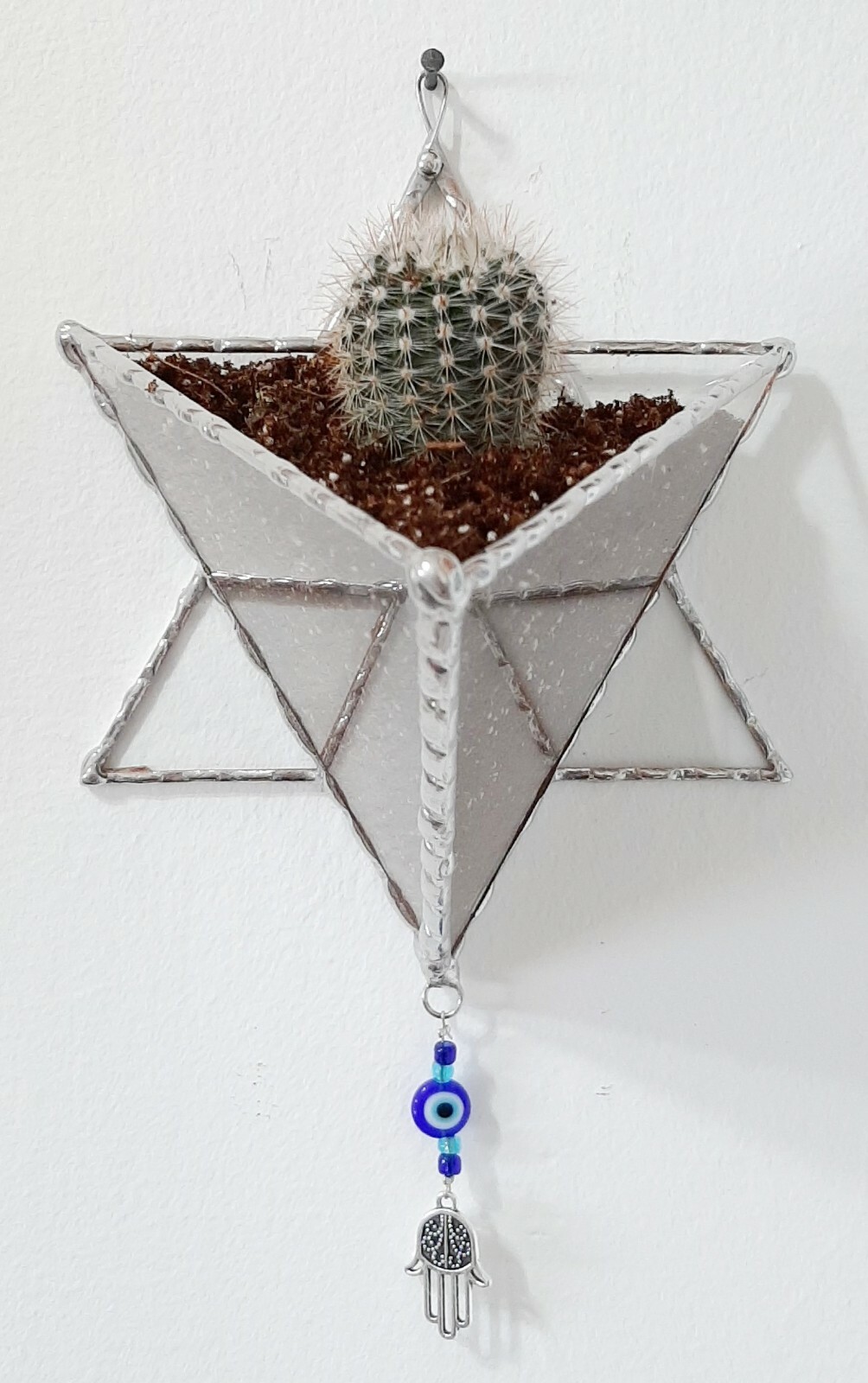 Transparent Terrarium in shaped of Star of David Stained Glass, Jewish Wall Gift