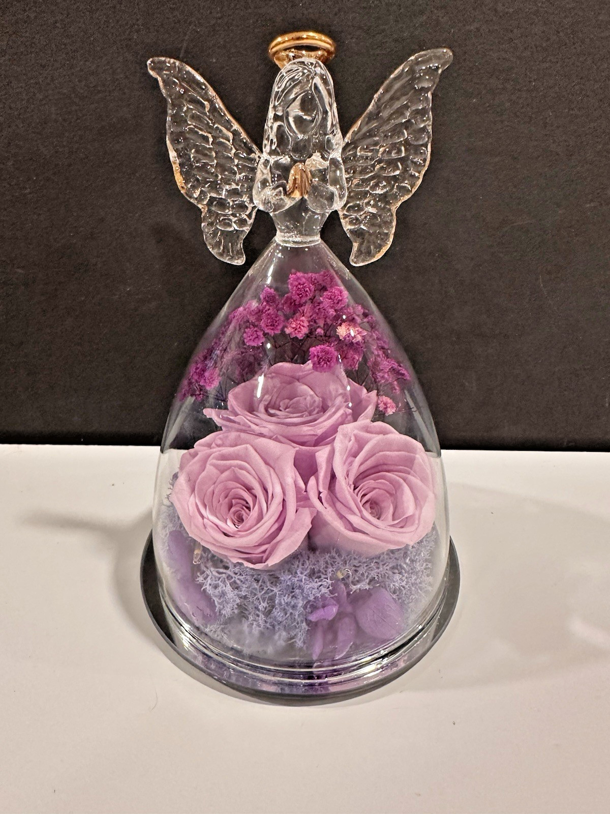 Angel Rose Eternal Love Preserved Roses in Glass Angel Lights Up~New in Gift Box
