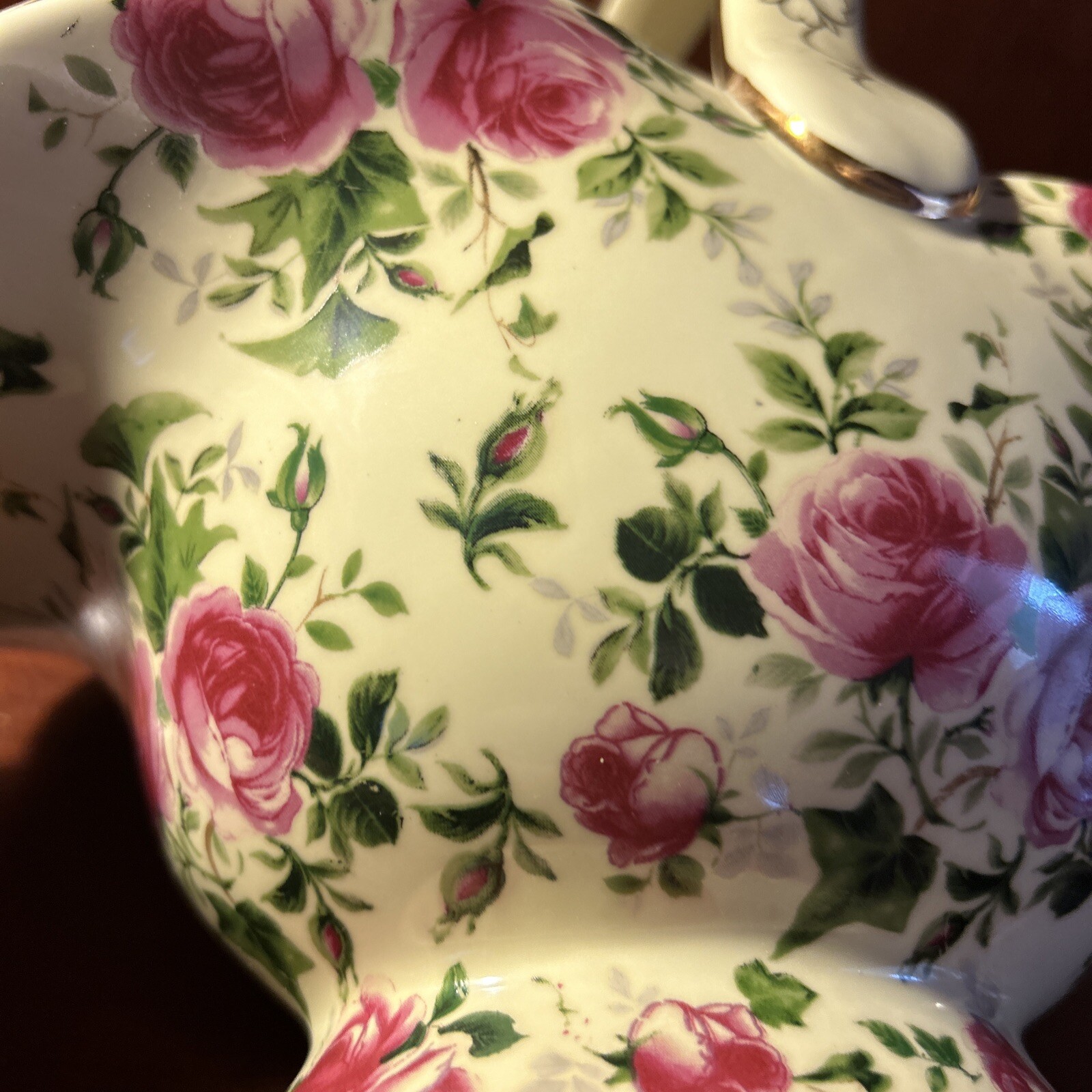 Beautiful Floral Pink Rose And Gold Trimmed Porcelain Basket 11” X 11”