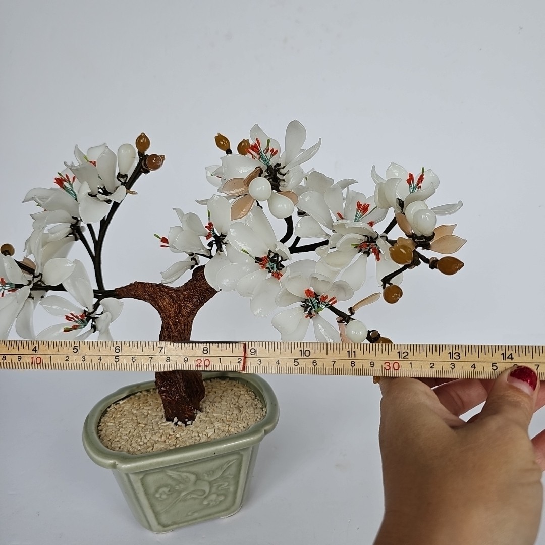 14″ Vintage Bonsai Tree Glass White Flower Blossom in Celadon Pot Handmade 1697