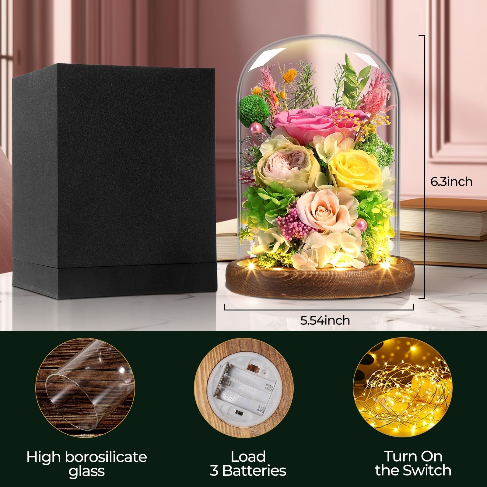 Preserved Yellow & Pink Roses in Glass Dome with LED Light – Lasting Gifts for W