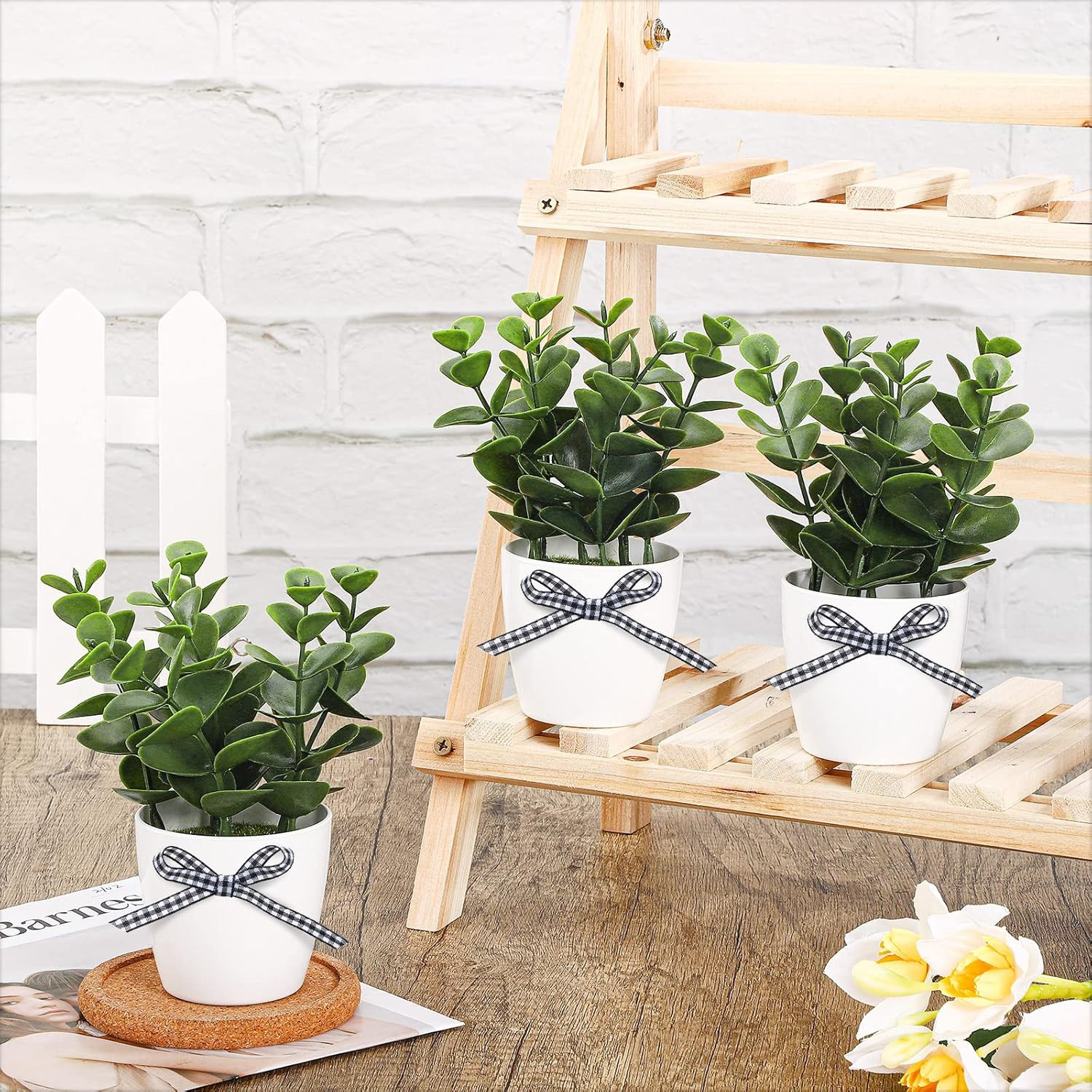 Jexine Farmhouse Tiered Tray Decor Mini Potted Eucalyptus Multi Color