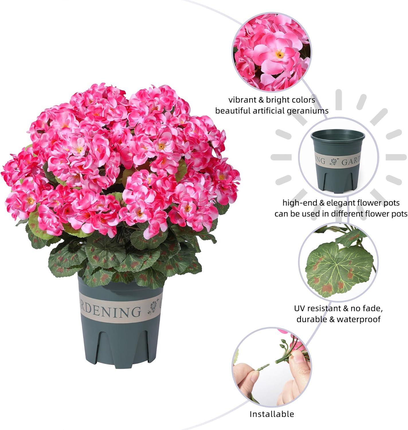 Geraniums Artificial Flowers for Outdoors, 2 Pack Potted Plants Pink Faux Gerani