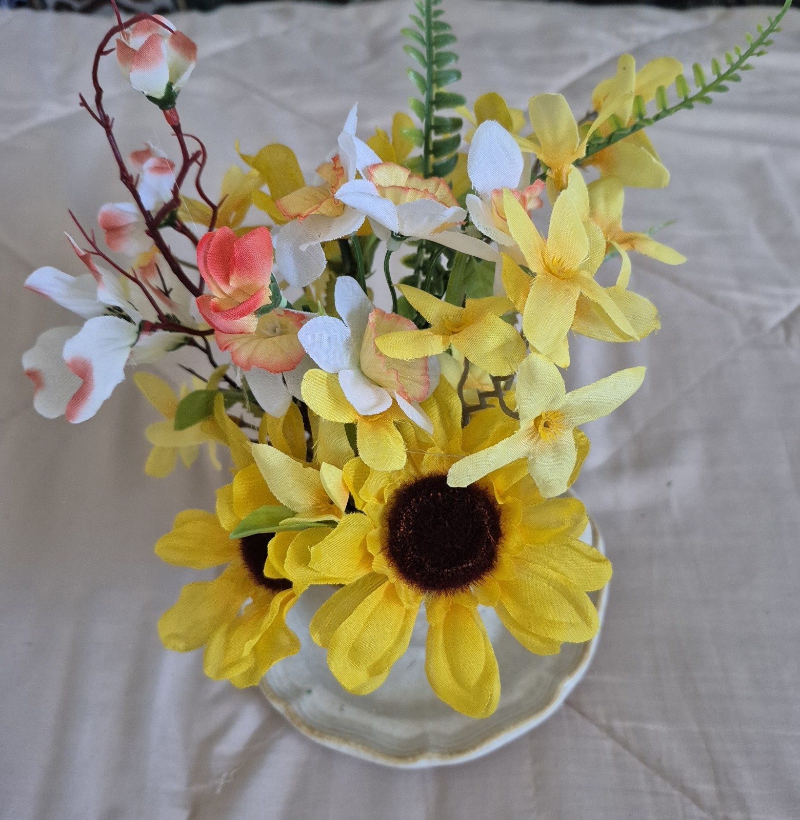 Artificial Sunflower Floral Arrangement in Ceramic Cup and Saucer Yellow