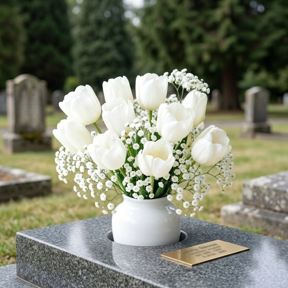 White Plastic Flower Bouquet 20 Stems with 10 Baby’s Breath 35cm 13.77in