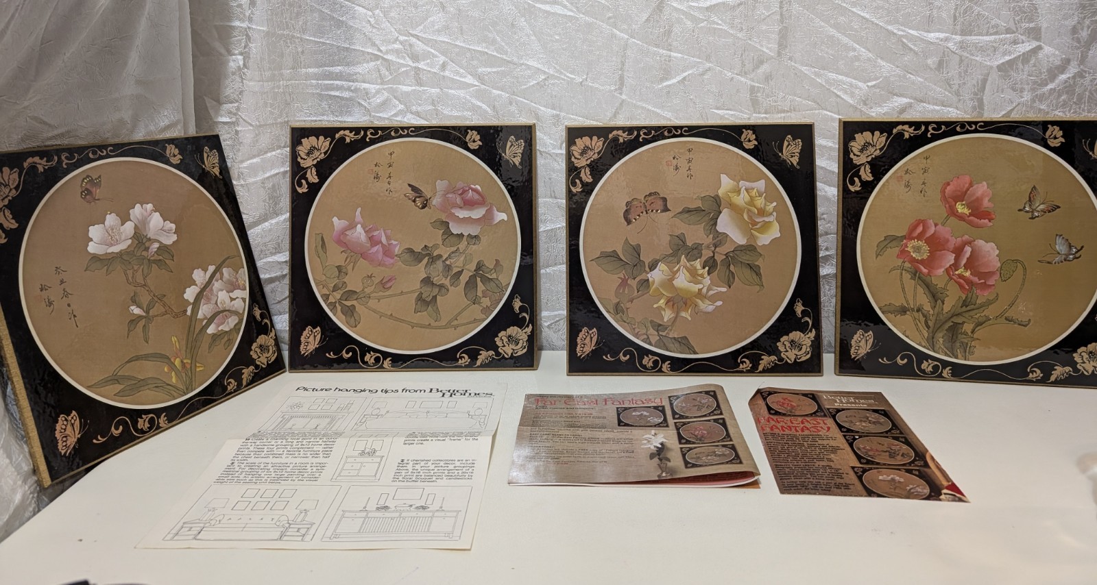 NIB Set of 4 Chinoiserie Asian Cork Wall Art Butterflies & Botanical design